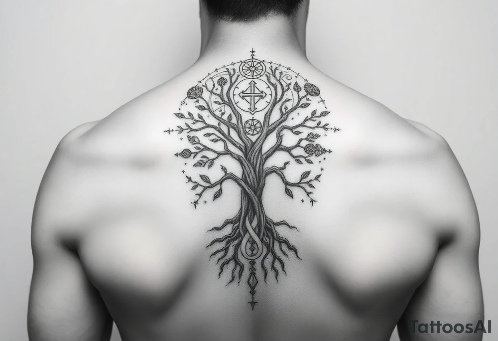 geometrical mystical tree of life with cosmic roots and celestial symbols branches with HIV-positive symbol tattoo idea