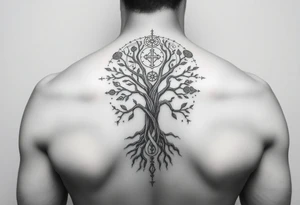 geometrical mystical tree of life with cosmic roots and celestial symbols branches with HIV-positive symbol tattoo idea