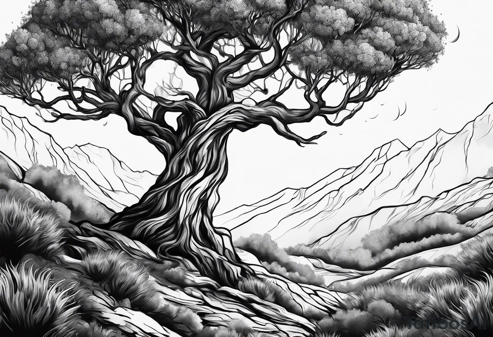 a cosmic  olive tree tattoo idea