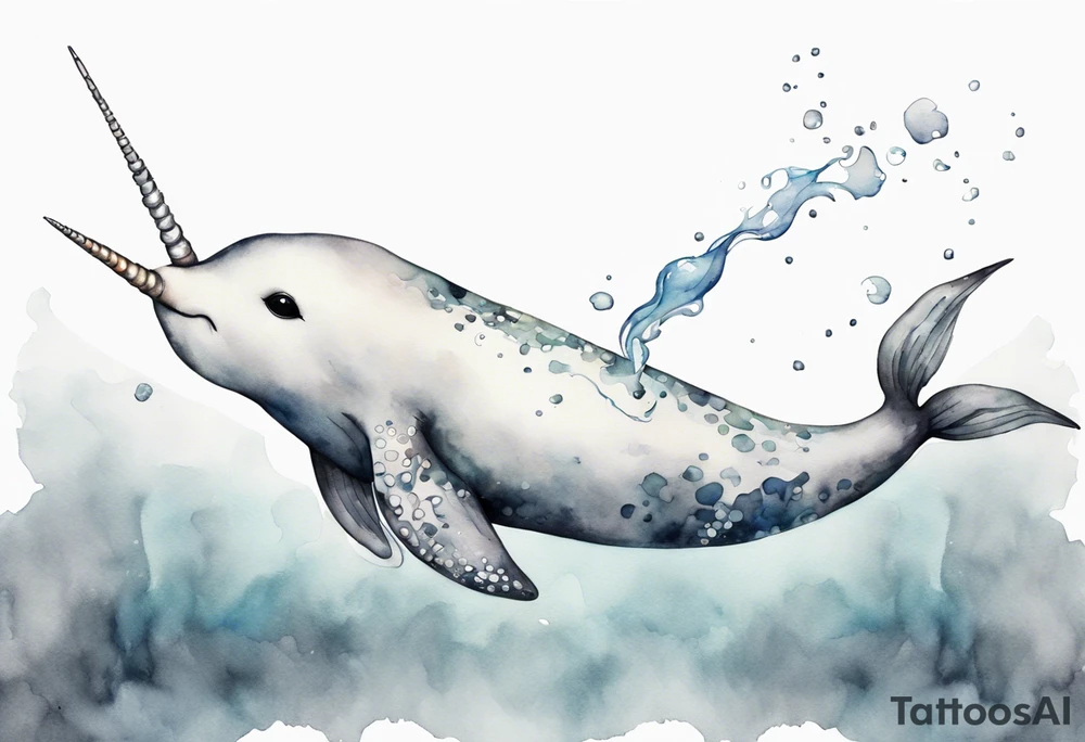 a melancholy watercolor painting of a realistic white narwhal swimming in a grey sea tattoo idea