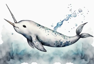 a melancholy watercolor painting of a realistic white narwhal swimming in a grey sea tattoo idea