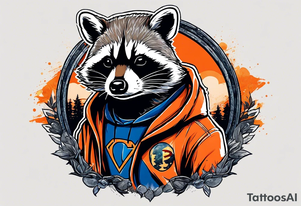 Raccoon wearing an orange Superman hoodie tattoo idea