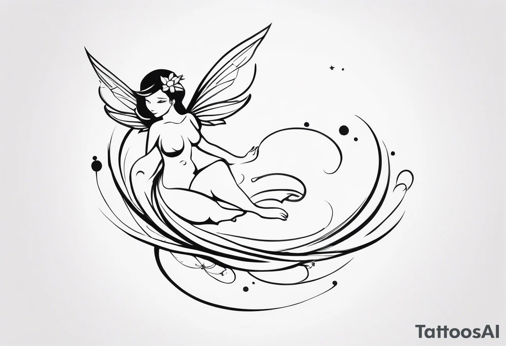 Minimalistic, monochromatic fairy with a tail flying to the left in a fetal position, leaning and looking in the same direction, with visible hands, embodying the 'Fairy Tail' logo aesthetic. tattoo idea