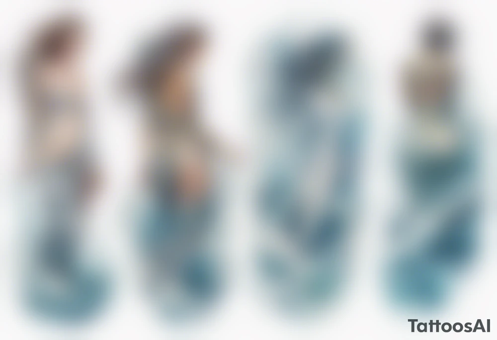 a tall see-through woman covered with water, sitting upon a wave tattoo idea
