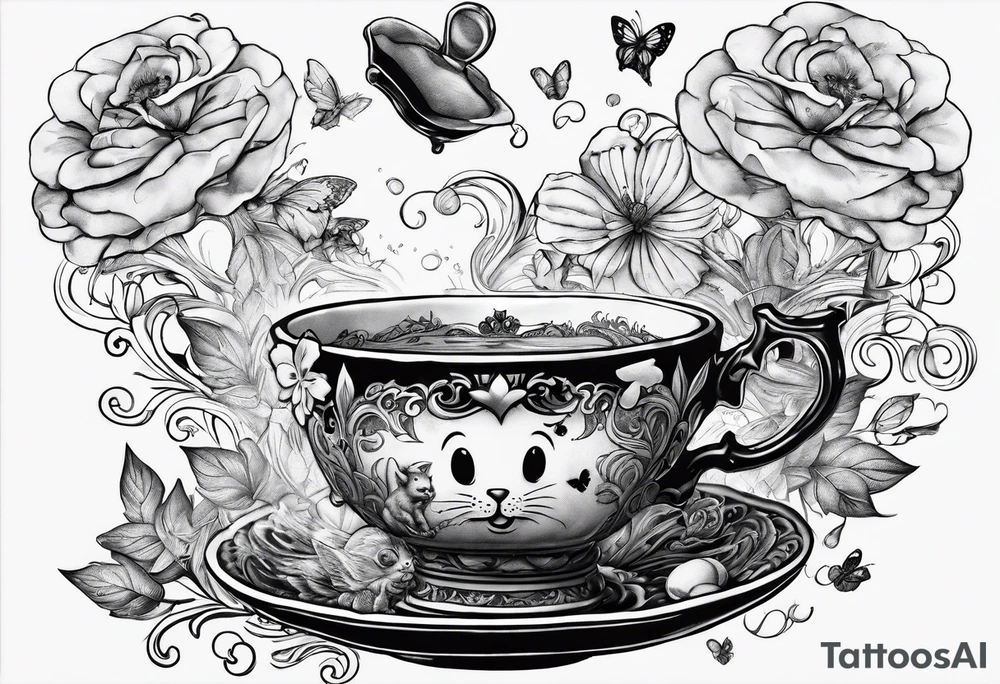 Alice in wonderland falling with tea cup, eat me cookie, butter toast flys, mouse falling tattoo idea