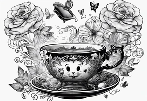 Alice in wonderland falling with tea cup, eat me cookie, butter toast flys, mouse falling tattoo idea