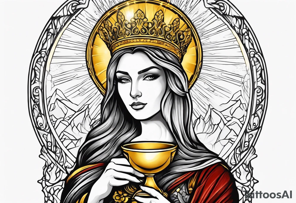 woman saint holding chalice surrounded by golden halo with a tower tattoo idea