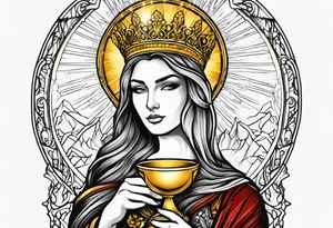woman saint holding chalice surrounded by golden halo with a tower tattoo idea