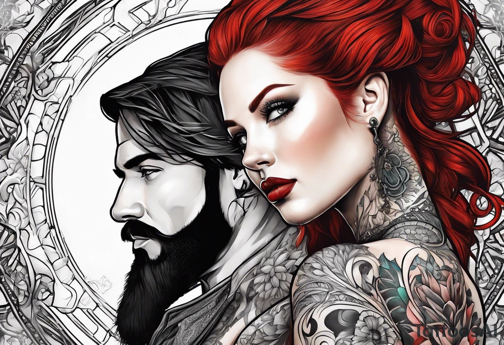 Busty Red haired woman with black haired bearded man tattoo idea