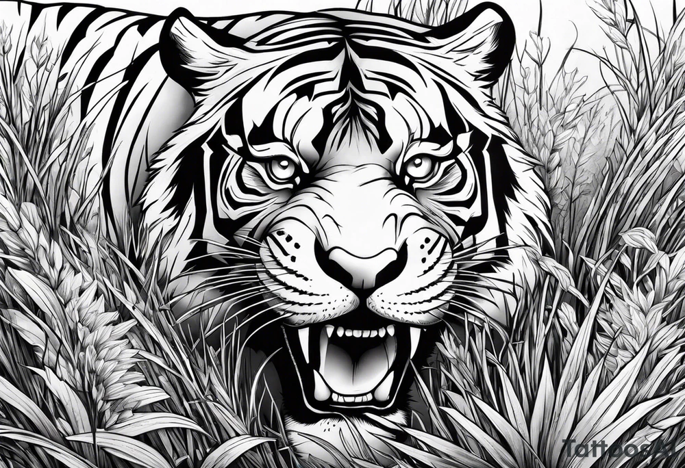 hungry tiger hiding in the grass tattoo idea