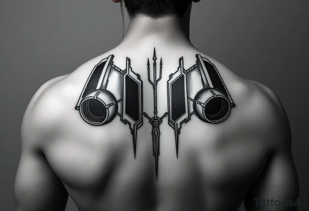 a back tattoo that looks like an exhaust vent, have it to where theres two exhausts on both back sides, try to make it look like a vertical scifi exhaust tattoo idea