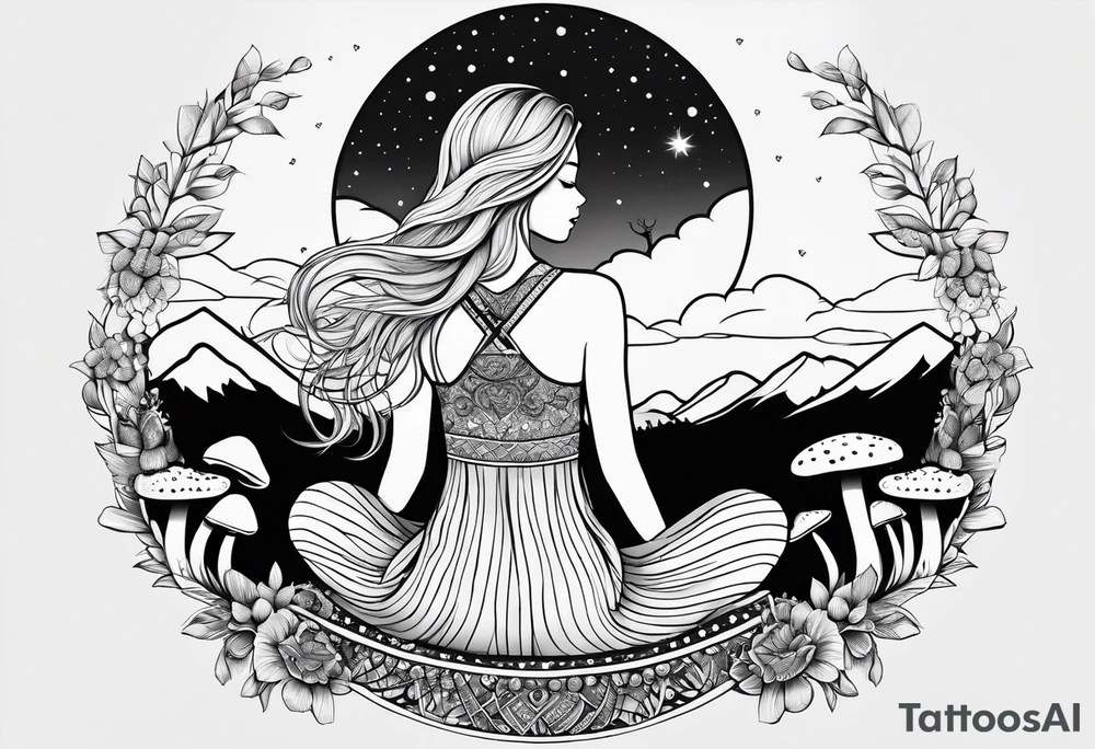 Straight blonde hair girl meditating facing away toward mountains surrounded by mushrooms crescent moon mandala circular design black and white striped dress tattoo idea
