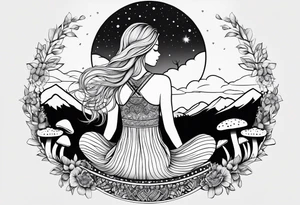 Straight blonde hair girl meditating facing away toward mountains surrounded by mushrooms crescent moon mandala circular design black and white striped dress tattoo idea