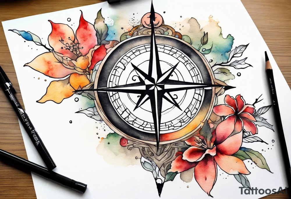 Travel themed for thigh, compass rose overlaid with a map spilled watercolor tattoo idea