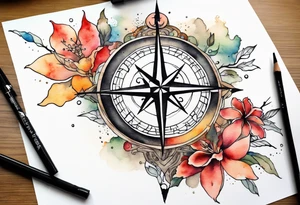 Travel themed for thigh, compass rose overlaid with a map spilled watercolor tattoo idea