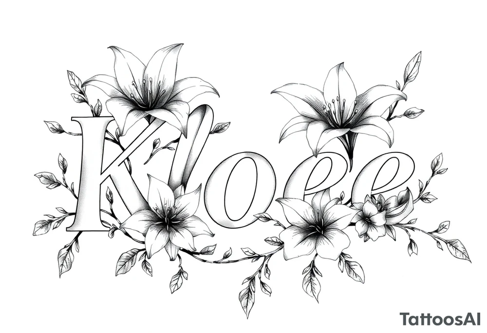 The word Kloee surrounded by big
lilies with the vines in letters tattoo idea