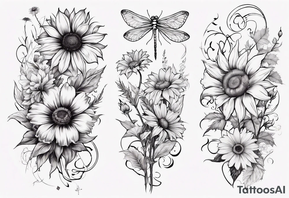 Arm sleeve, sunflowers, dragonflies, three cosmos flower, one violet, one carnation, vines and leaves tattoo idea