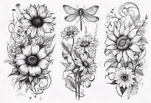 Arm sleeve, sunflowers, dragonflies, three cosmos flower, one violet, one carnation, vines and leaves tattoo idea