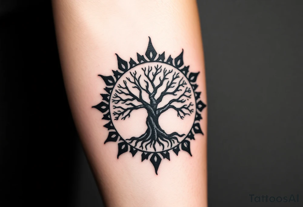 Tree encircled in a spiral sun or circle tattoo idea