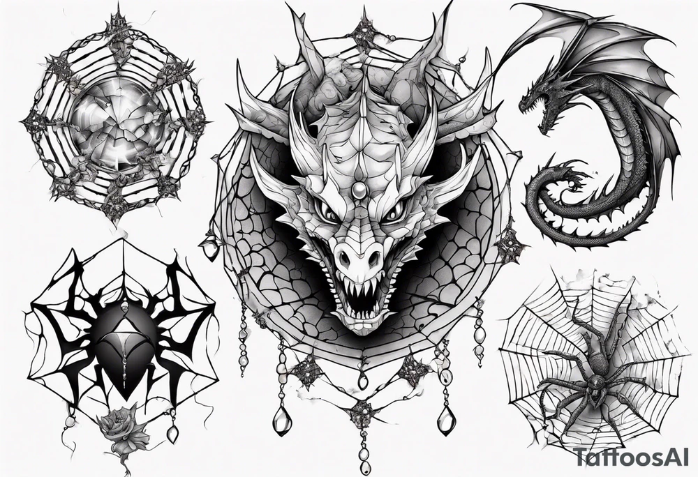 Dragon in a spiral spiderweb with jewels and shattered chalices and one spider tattoo idea