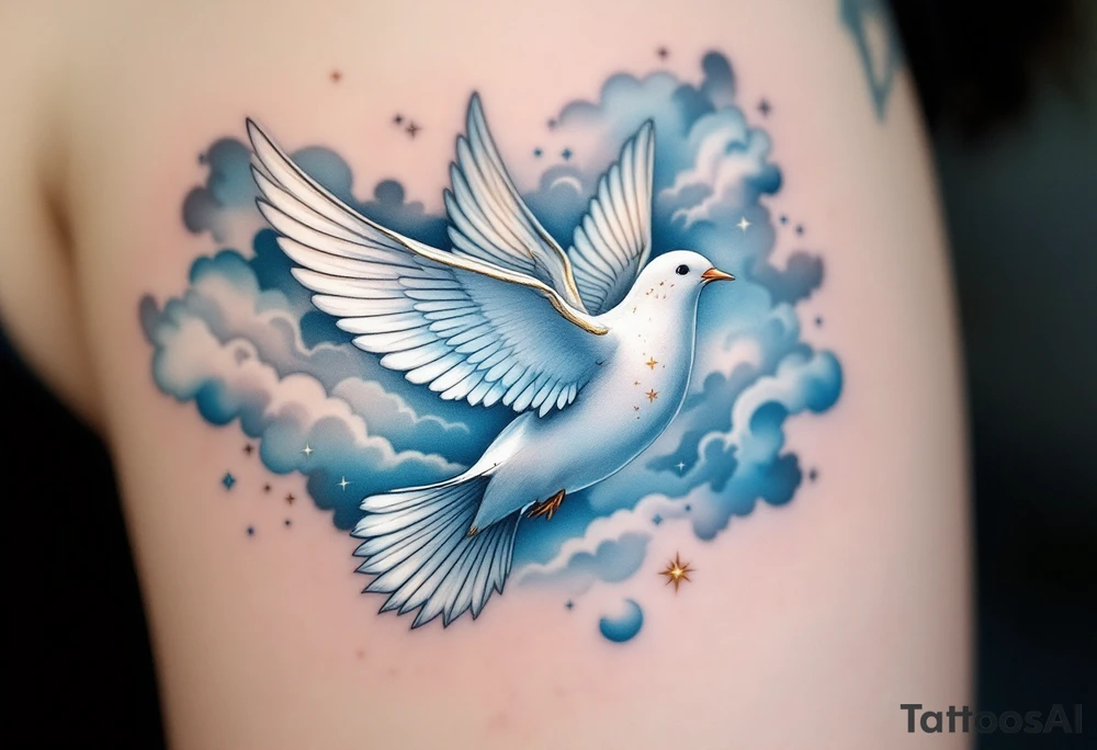 A white dove with gold accents flying through a sky of light blue stands for peace and freedom. tattoo idea