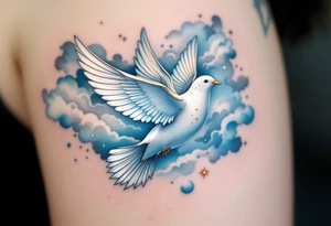 A white dove with gold accents flying through a sky of light blue stands for peace and freedom. tattoo idea