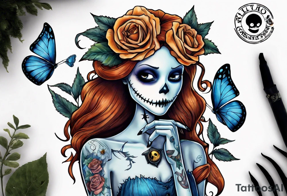 Nightmare before Christmas Sallyholding a flower. With a blue butterfly flying around her tattoo idea