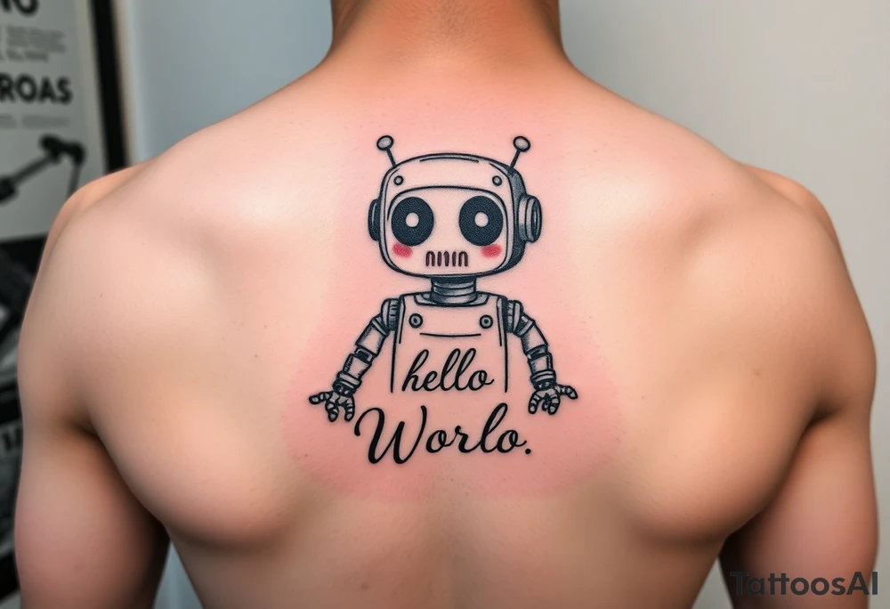 Tattoo of a cute robot with the text 'Hello, World!' tattoo idea