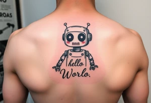 Tattoo of a cute robot with the text 'Hello, World!' tattoo idea