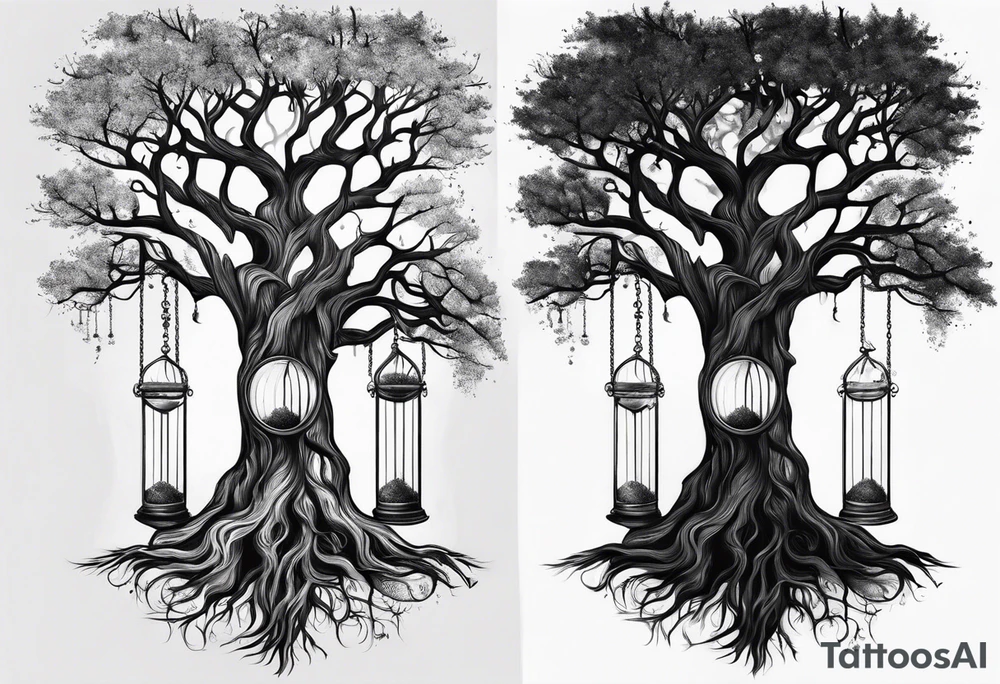tattoo of a tree with the roots wrapping around a hour glass tattoo idea