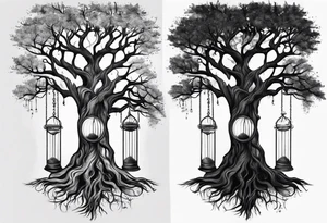tattoo of a tree with the roots wrapping around a hour glass tattoo idea