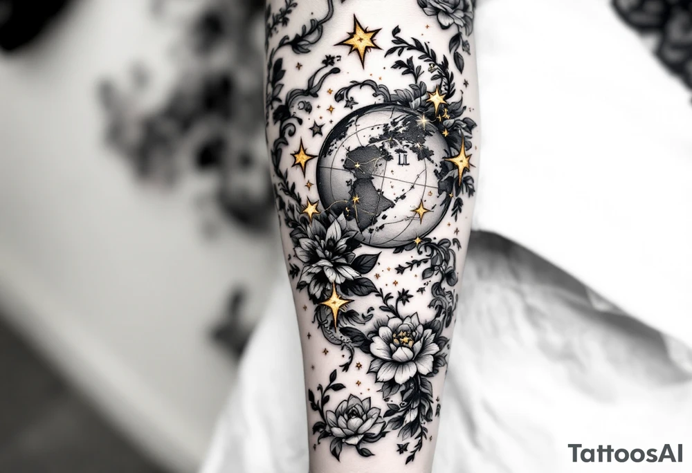 A realistic celestial globe in grayscale features the Libra constellation accented with golden stars. tattoo idea