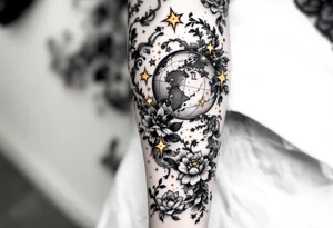 A realistic celestial globe in grayscale features the Libra constellation accented with golden stars. tattoo idea