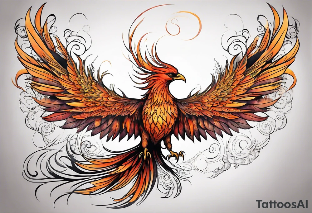 Tattoo: A powerful, majestic phoenix, depicted mid-flight or rising, with wings extended and feathers flowing. Deep shading and intricate details to bring out the texture and motion of the feathers. Style: Realism. tattoo idea