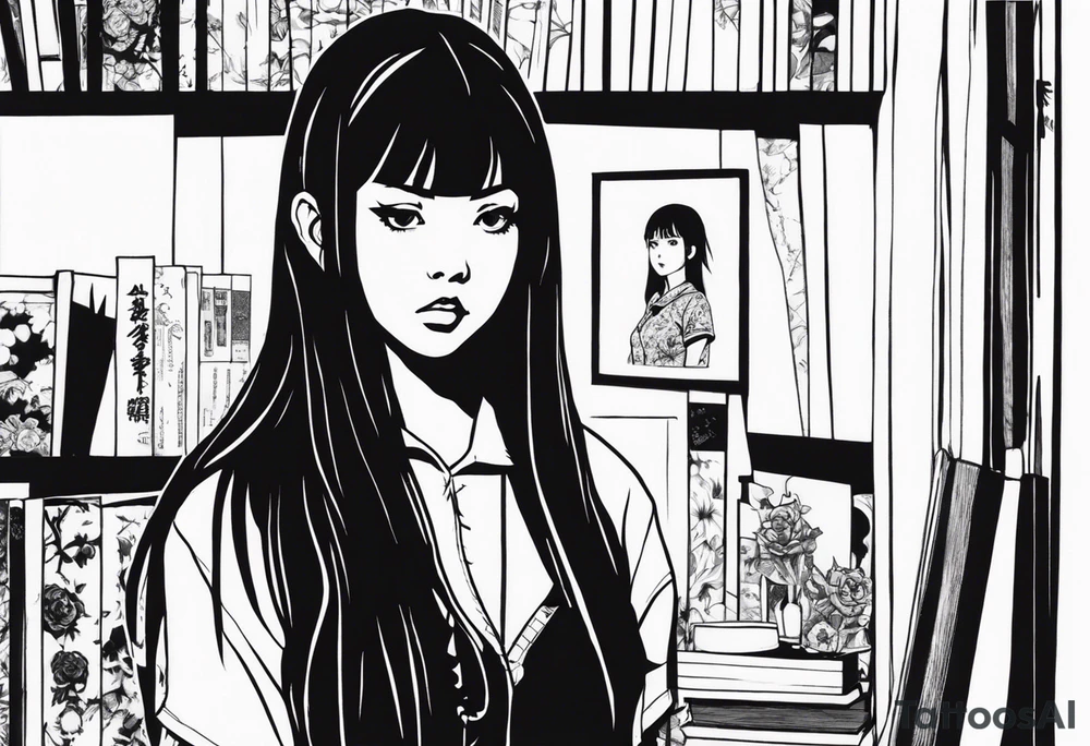 portrait of tomie standing up a character by the horror manga author junji ito full body standing murderously. add more horror and gore elements tattoo idea