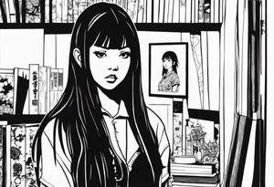 portrait of tomie standing up a character by the horror manga author junji ito full body standing murderously. add more horror and gore elements tattoo idea