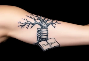 Dark 
tree of knowledge with books connected as roots stacked up and an open journal with beautiful cursive writing at tattoo idea