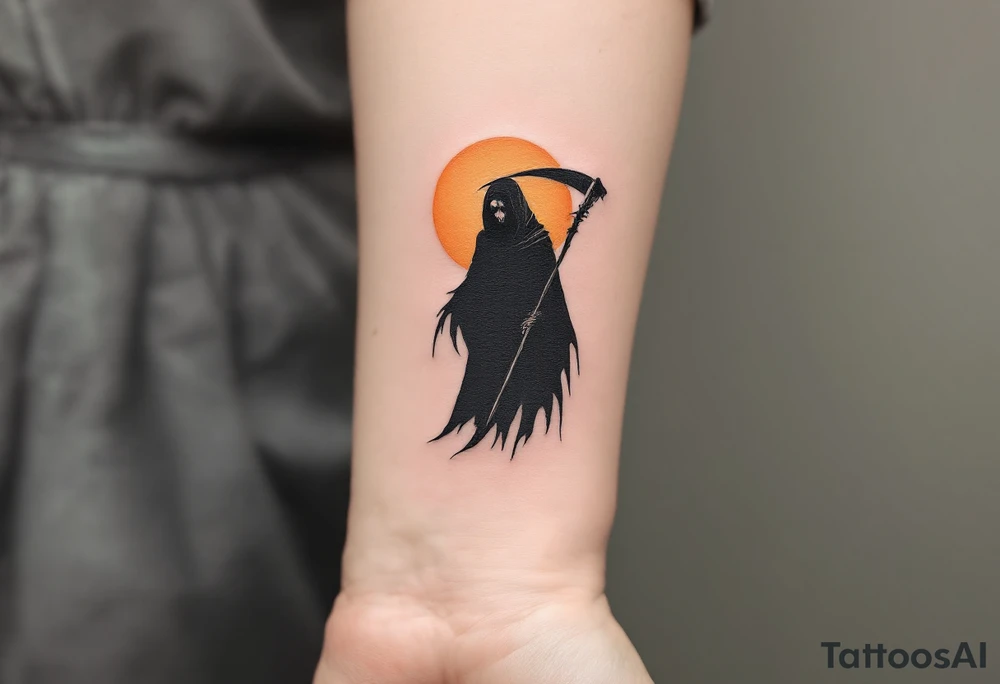 A minimalist black Grim Reaper silhouette with a glowing orange moon behind him. tattoo idea