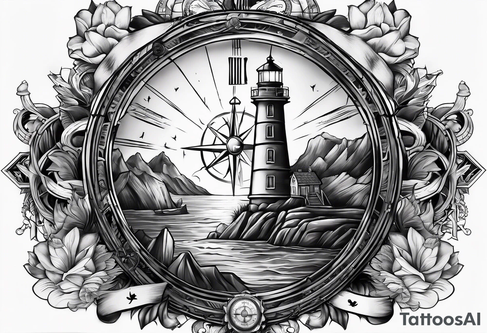 full sleeve tattoo with compass, lighthouse, bermuda triangle, crown and anchor dice, lightning in background tattoo idea