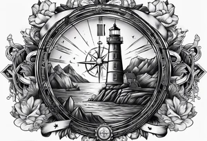 full sleeve tattoo with compass, lighthouse, bermuda triangle, crown and anchor dice, lightning in background tattoo idea