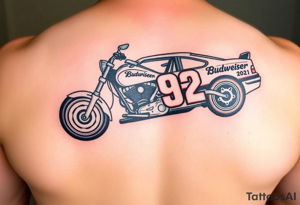 Dale Earnhardt car on it with the year 1958 - 2021 intertwined with a motorcycle with a Budweiser logo on it tattoo idea