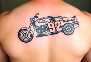 Dale Earnhardt car on it with the year 1958 - 2021 intertwined with a motorcycle with a Budweiser logo on it tattoo idea