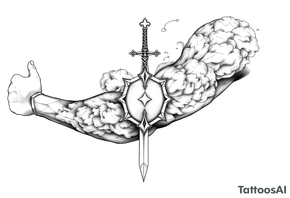 clouds, sword, shield, cross tattoo idea