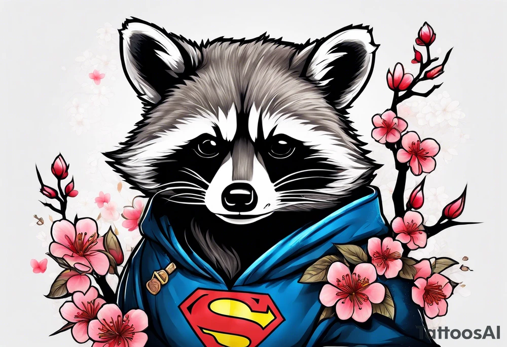 Raccoon wearing a Superman hoodie and Japanese cherry blossoms tattoo idea