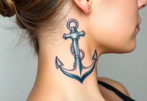 weathered anchor wrapped in nautical rope with sea waves tattoo idea