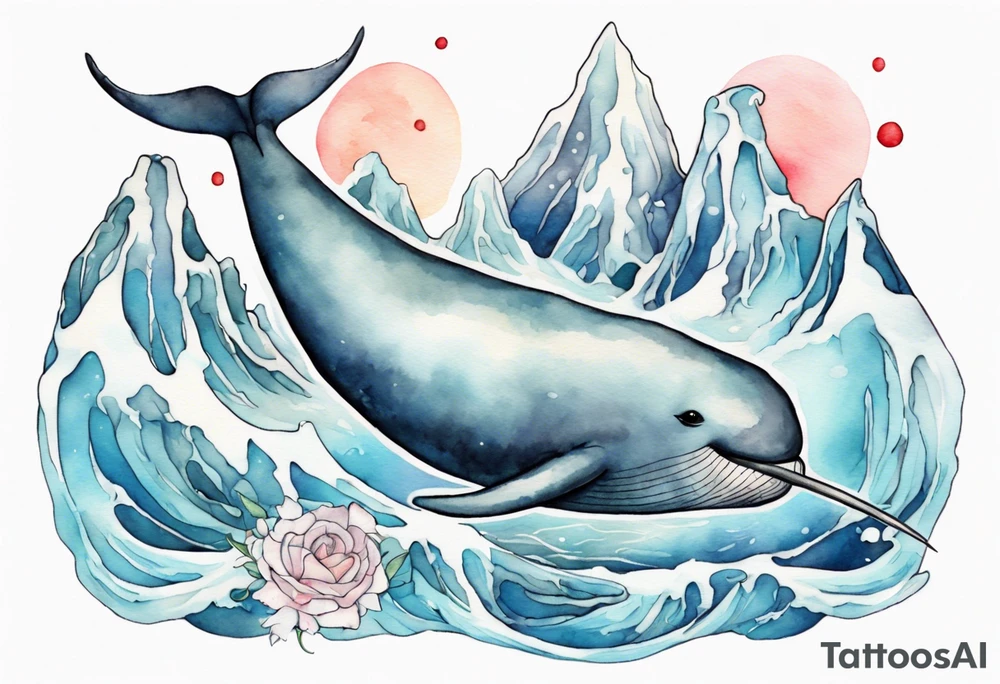a narwhal swimming near and iceberg tattoo idea