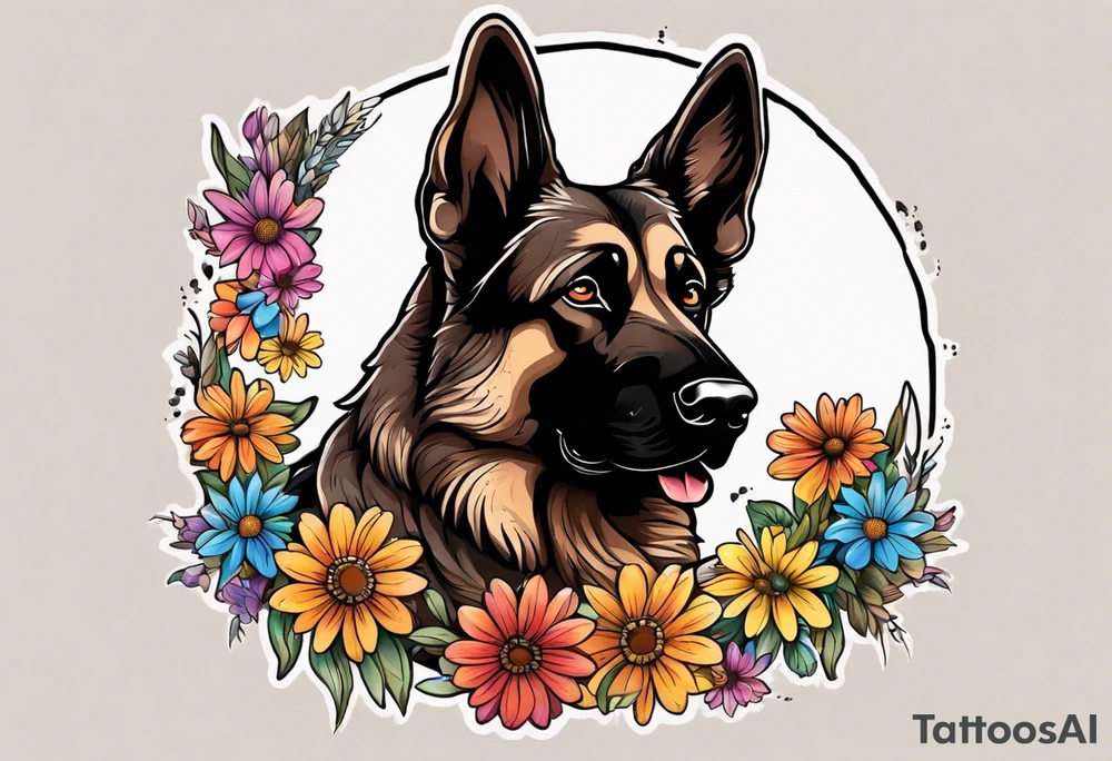 Dark Brown German shepherd portrait surrounded by  colorful daisies tattoo idea