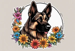 Dark Brown German shepherd portrait surrounded by  colorful daisies tattoo idea