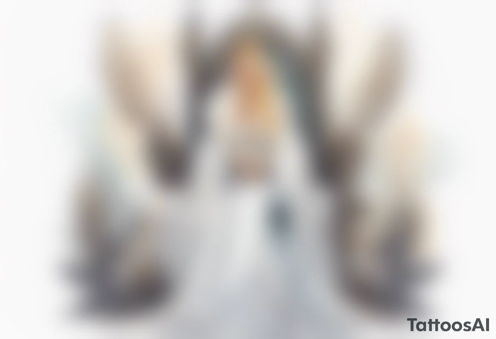a 40-year-old Norse queen with blonde hair wearing a white fur cloak sitting on a throne with a dove on her shoulder tattoo idea