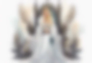 a 40-year-old Norse queen with blonde hair wearing a white fur cloak sitting on a throne with a dove on her shoulder tattoo idea